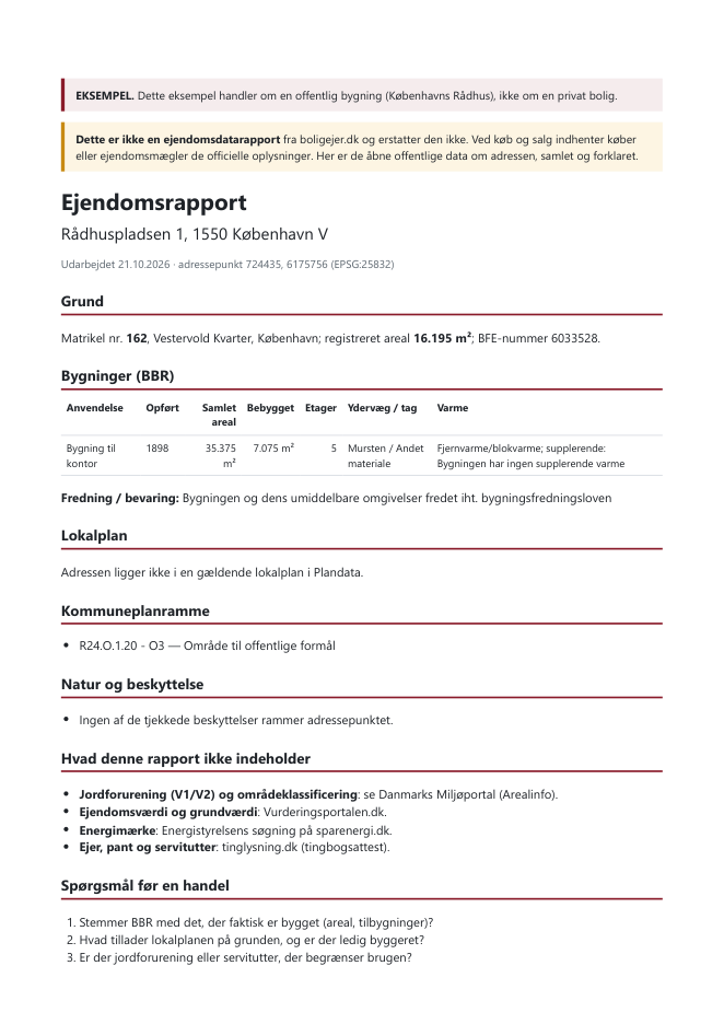 Første side af eksempelrapporten
